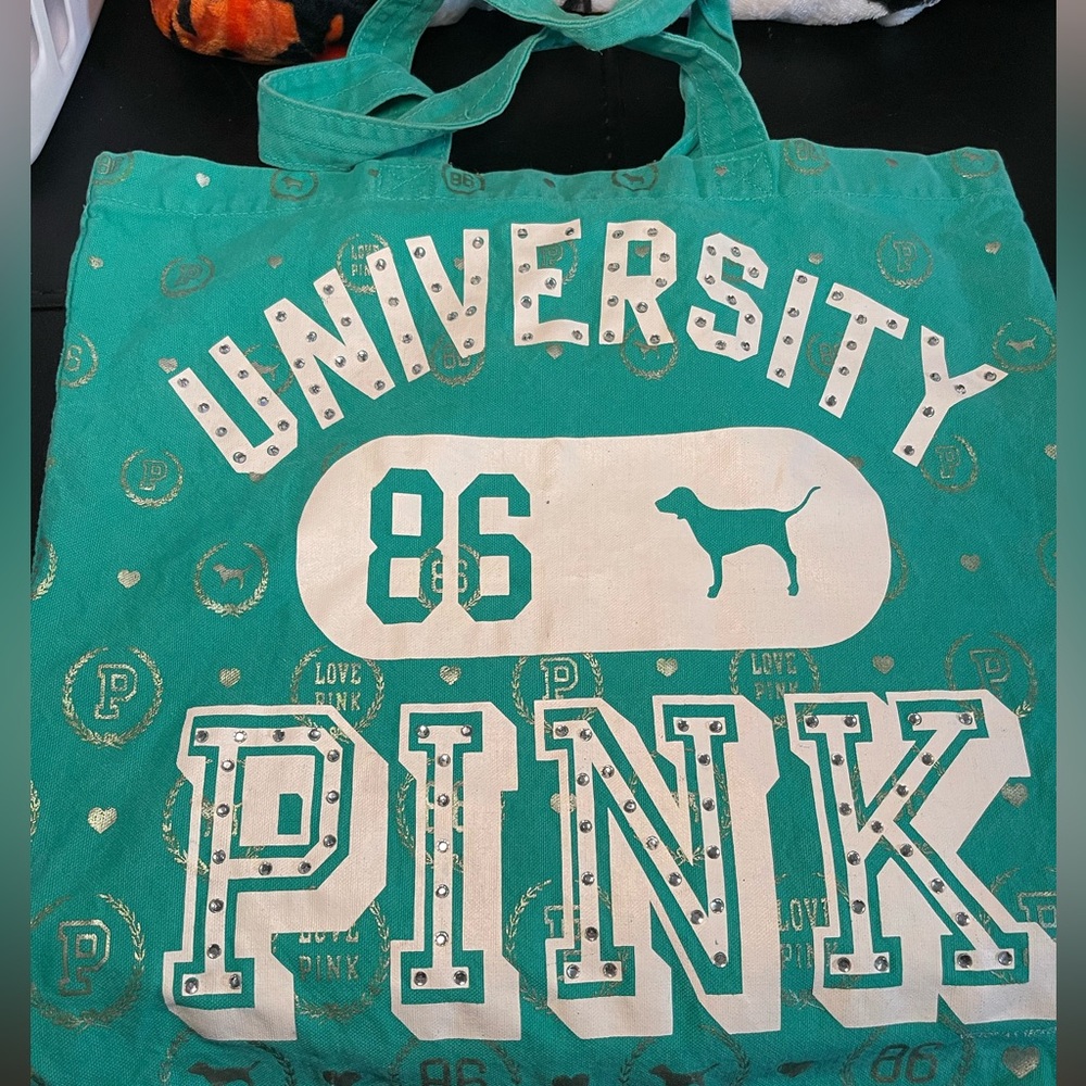 Victoria's Secret Teal Canvas Tote with White Numbers & Stud Accents